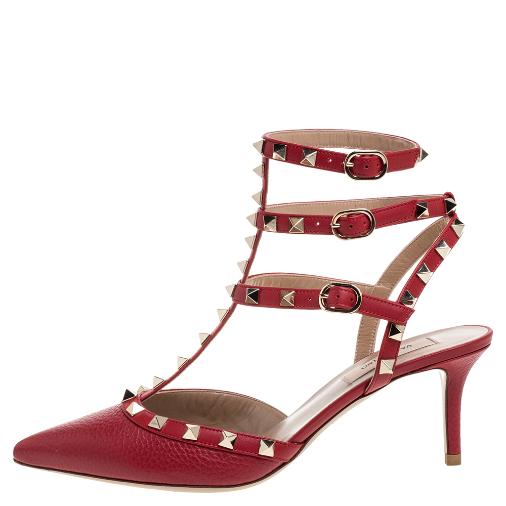 

Valentino Red Leather Rockstud Embellished Pointed Toe Ankle Strap Sandals Size