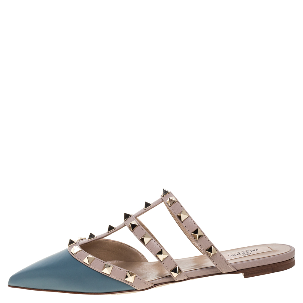 

Valentino Dark Grey/Beige Leather Pointed Toe Rockstud Flats Size