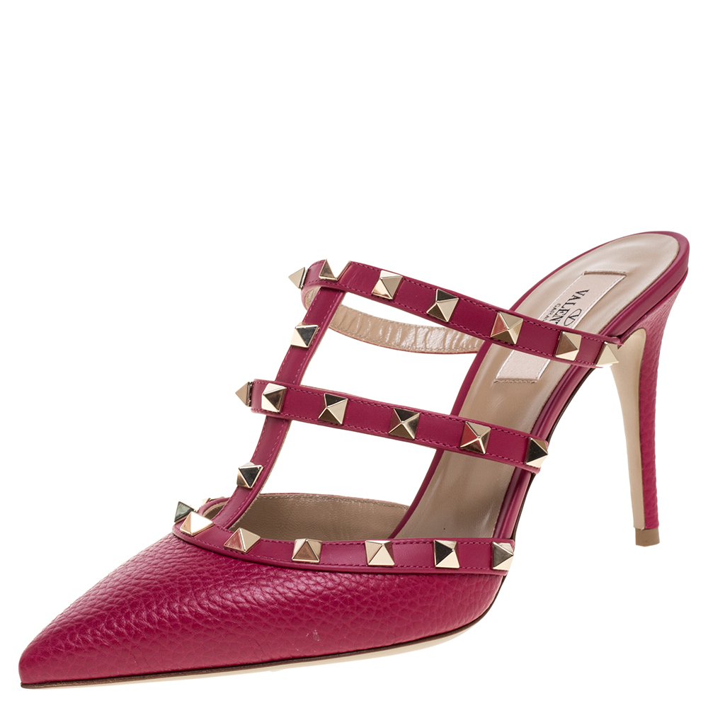 Valentino Raspberry Pink Leather Rockstud Pointed Toe Mules Size 38 ...