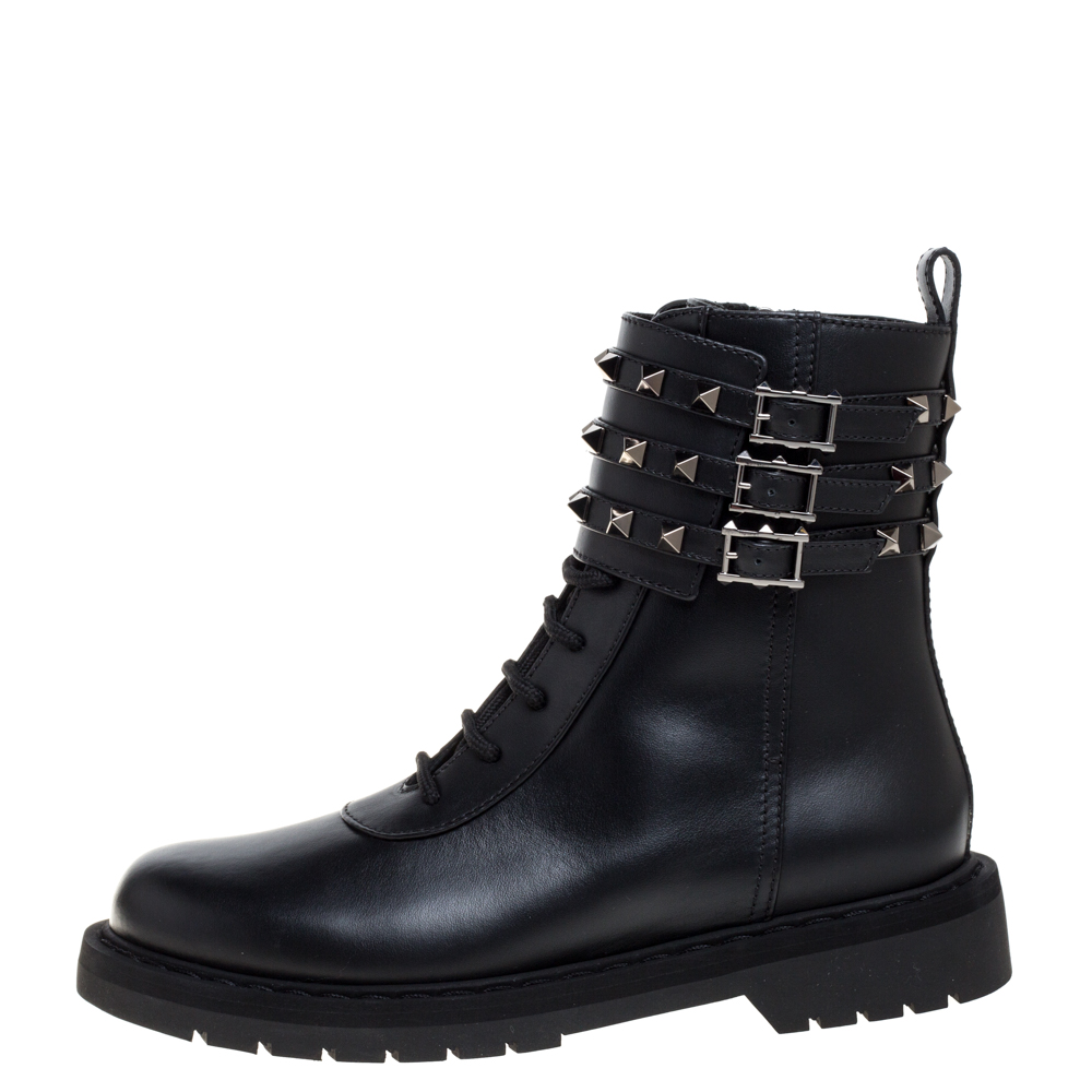 

Valentino Black Leather Rockstud Combat Boots Size