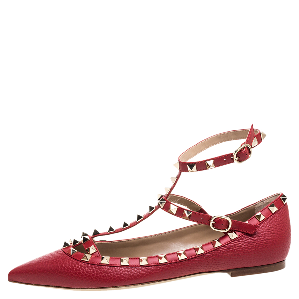 

Valentino Red Leather Rockstud Embellished Ankle Strap Pointed Toe Ballet Flats Size