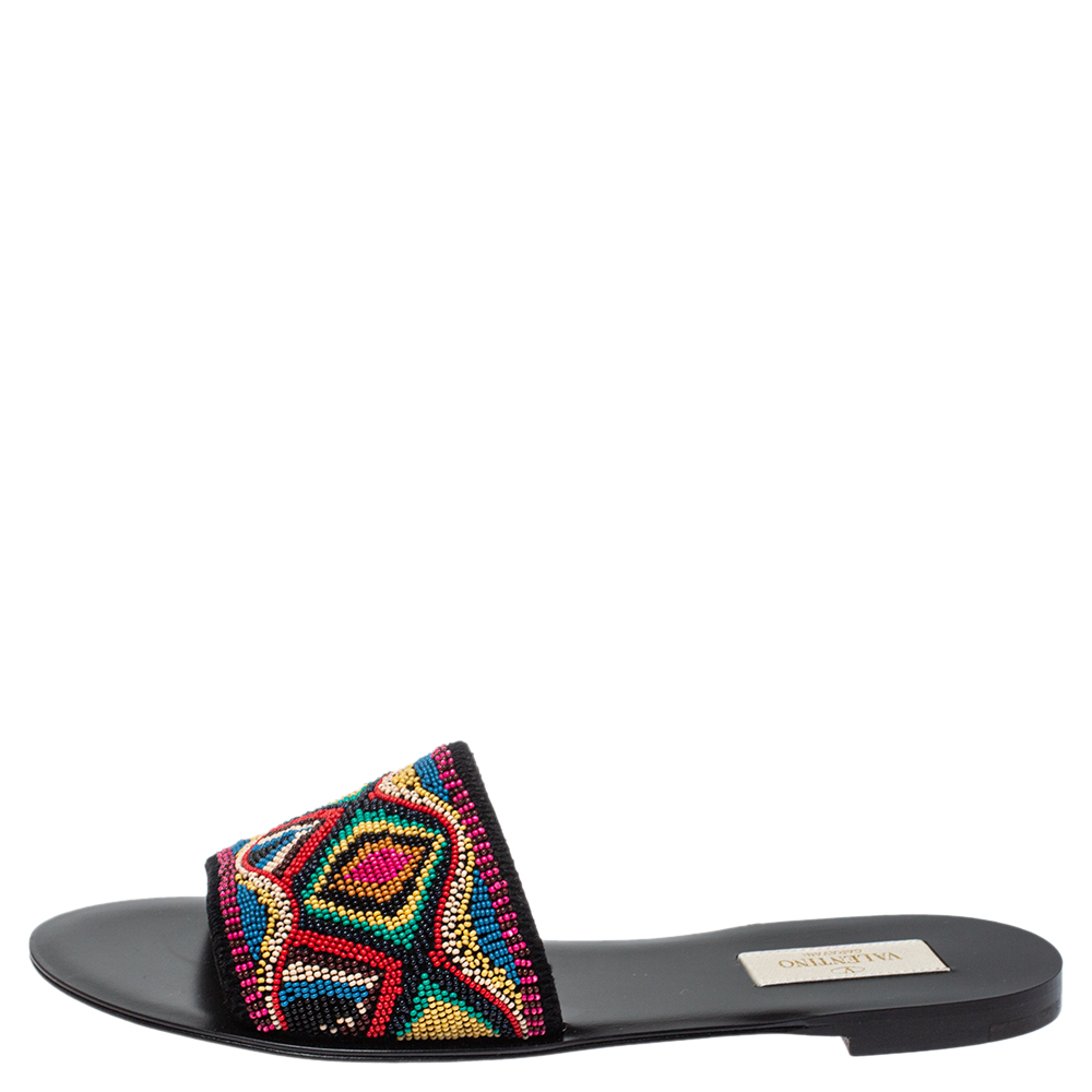 

Valentino Multicolor Bead Embellished Fabric Native Couture Flat Slide Sandals Size