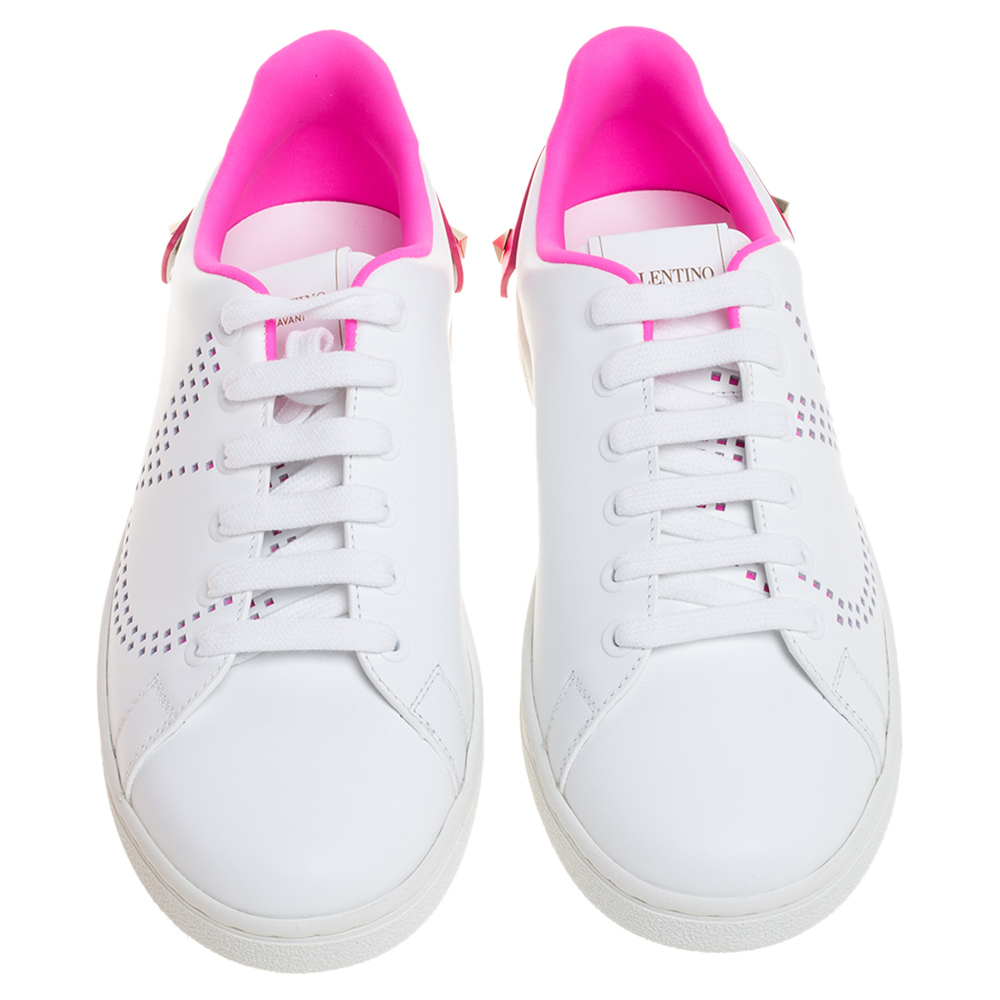 

Valentino White/ Florescent Pink Leather V-Logo Sneakers Size