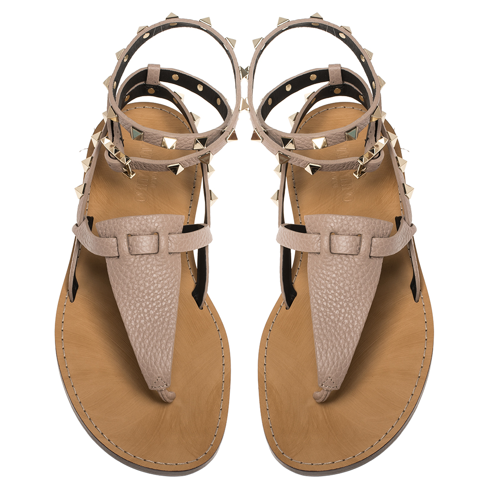 

Valentino Beige Leather Rockstud Embellished Ankle Wrap Flat Thong Sandals Size