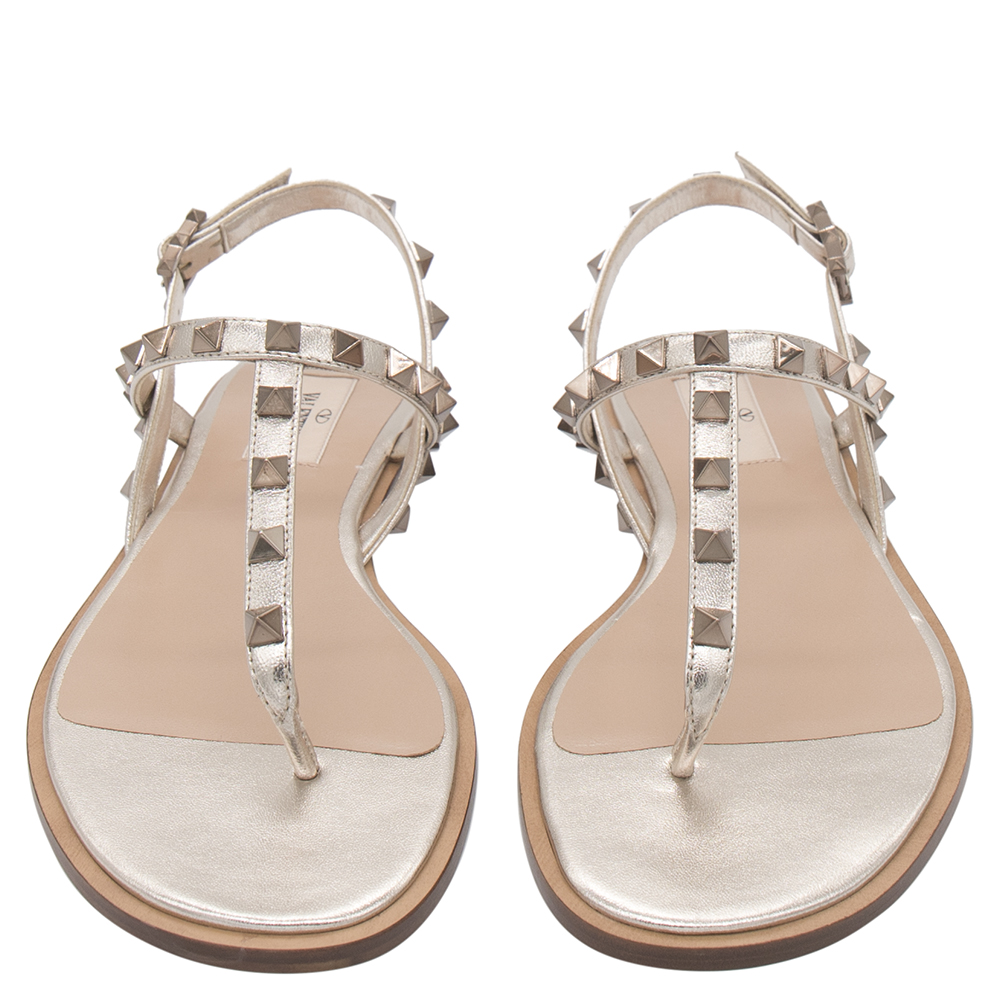 

Valentino Metallic Beige Leather Rockstud Embellished Flat Thong Sandals Size