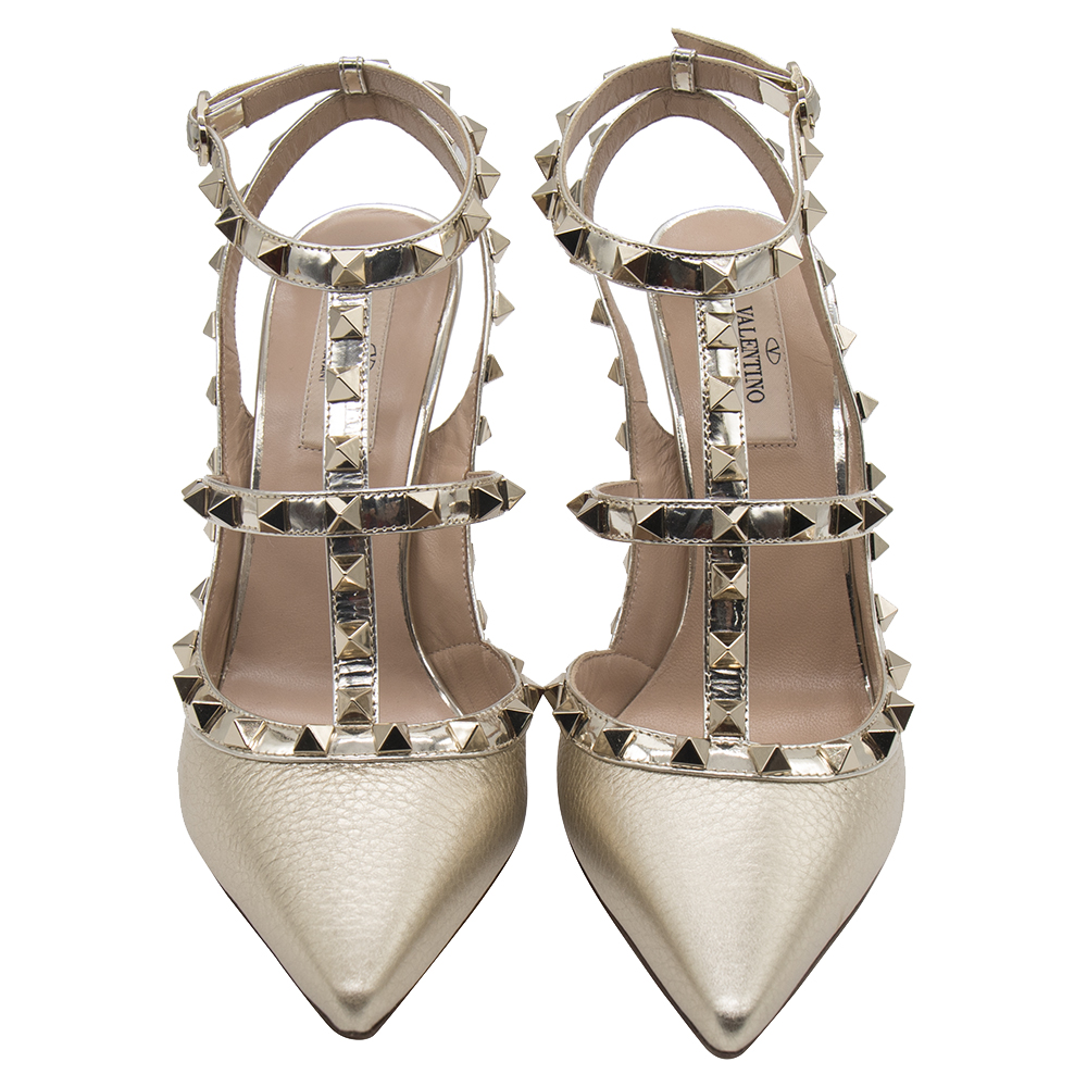 

Valentino Metallic Gold Leather Rockstud Embellished Ankle Strap Sandals Size