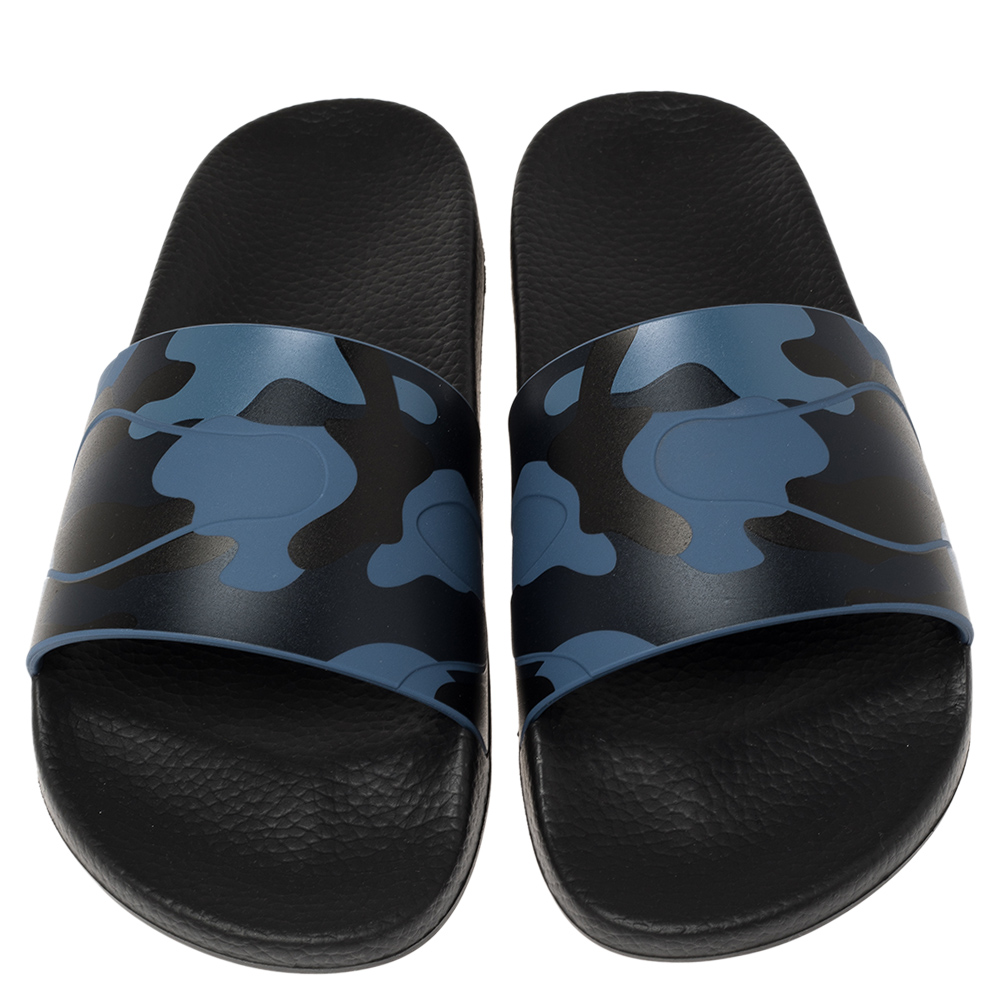 

Valentino Bluette/Marine Rubber Camouflage Slides Size, Black