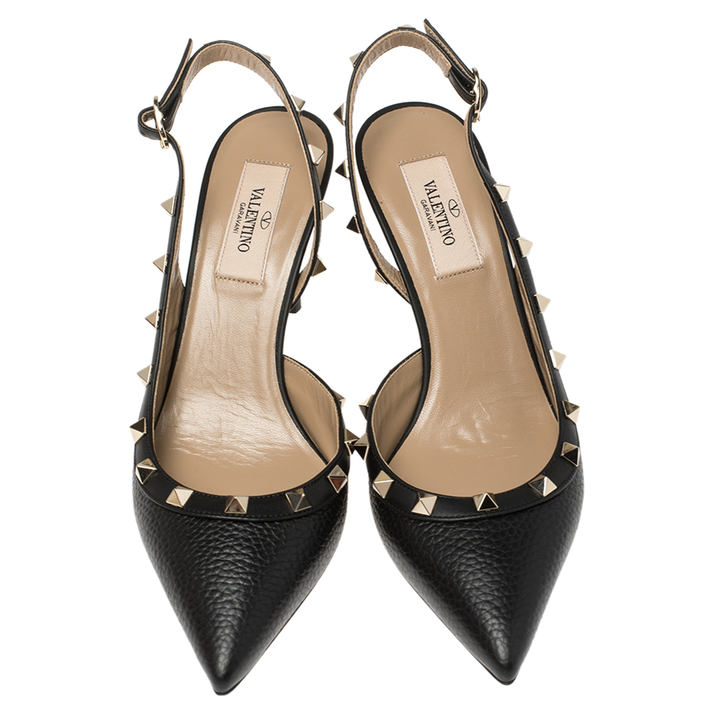 

Valentino Black Leather Rockstud Pointed Toe Slingback Sandals Size