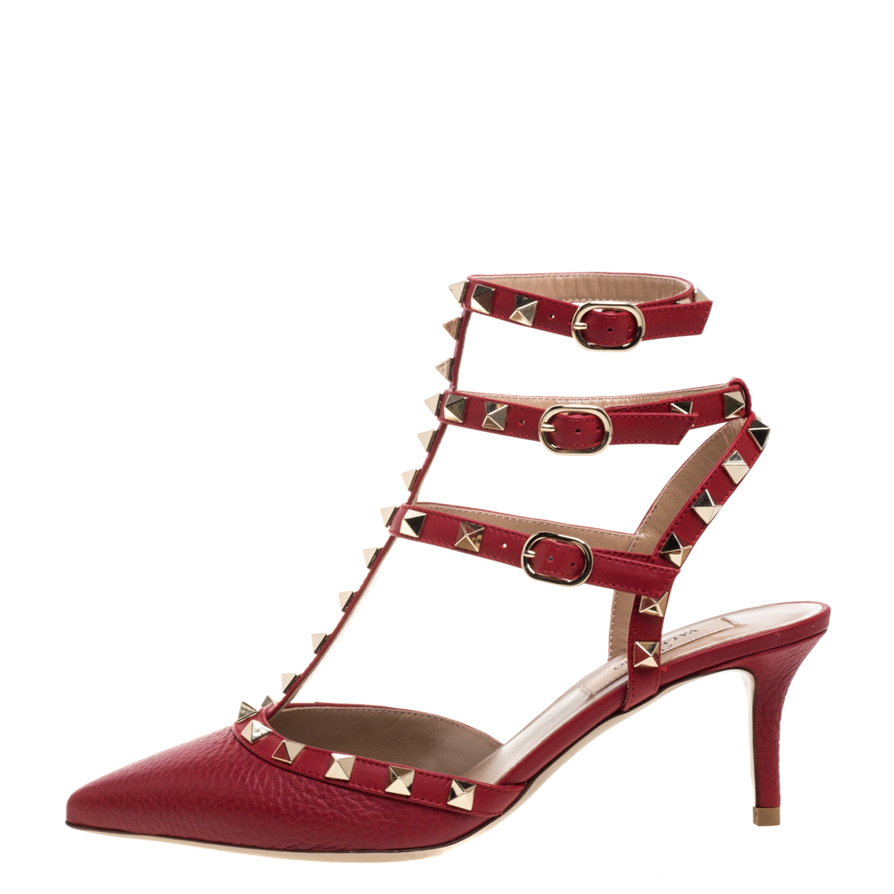 

Valentino Red Leather Rockstud Embellished Pointed Toe Ankle Strap Sandals Size