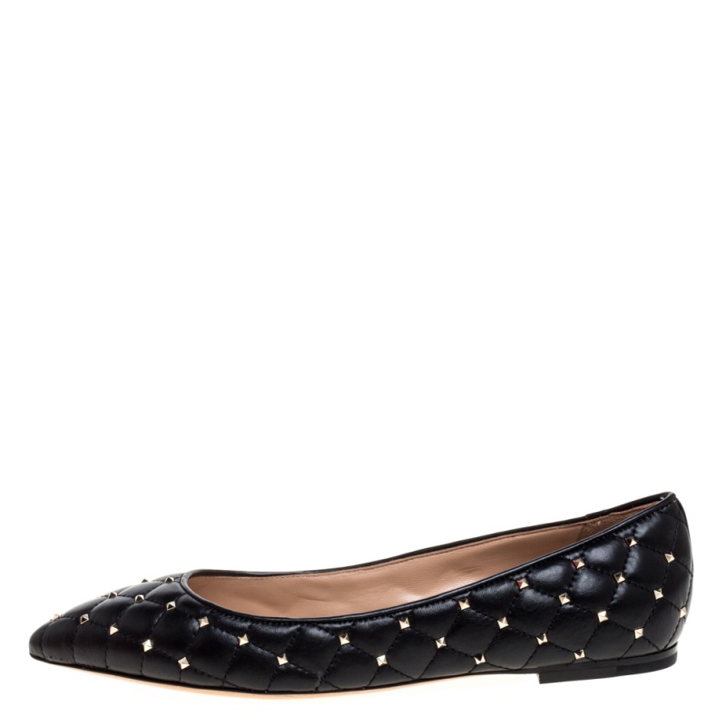 

Valentino Black Quilted Leather Rockstud Embellished Pointed Toe Ballet Flats Size