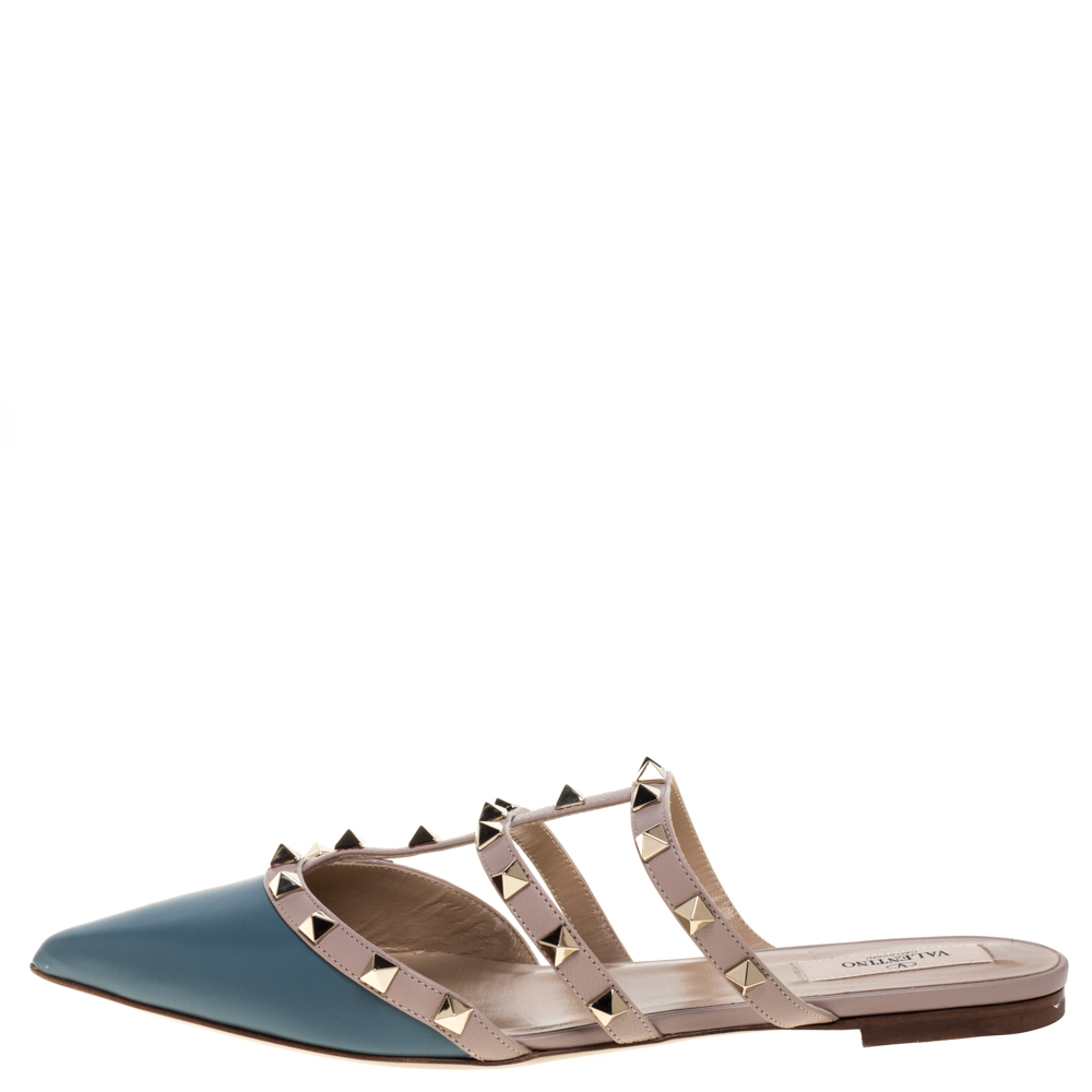 

Valentino Teal Blue Leather Pointed Toe Rockstud Embellished Flats Size