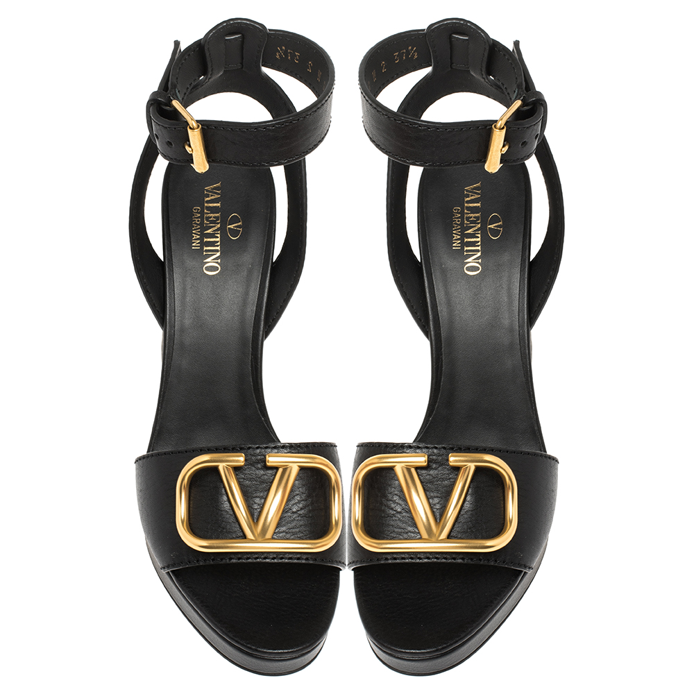 

Valentino Black Leather VLOGO Ankle Strap Block Heel Sandals Size