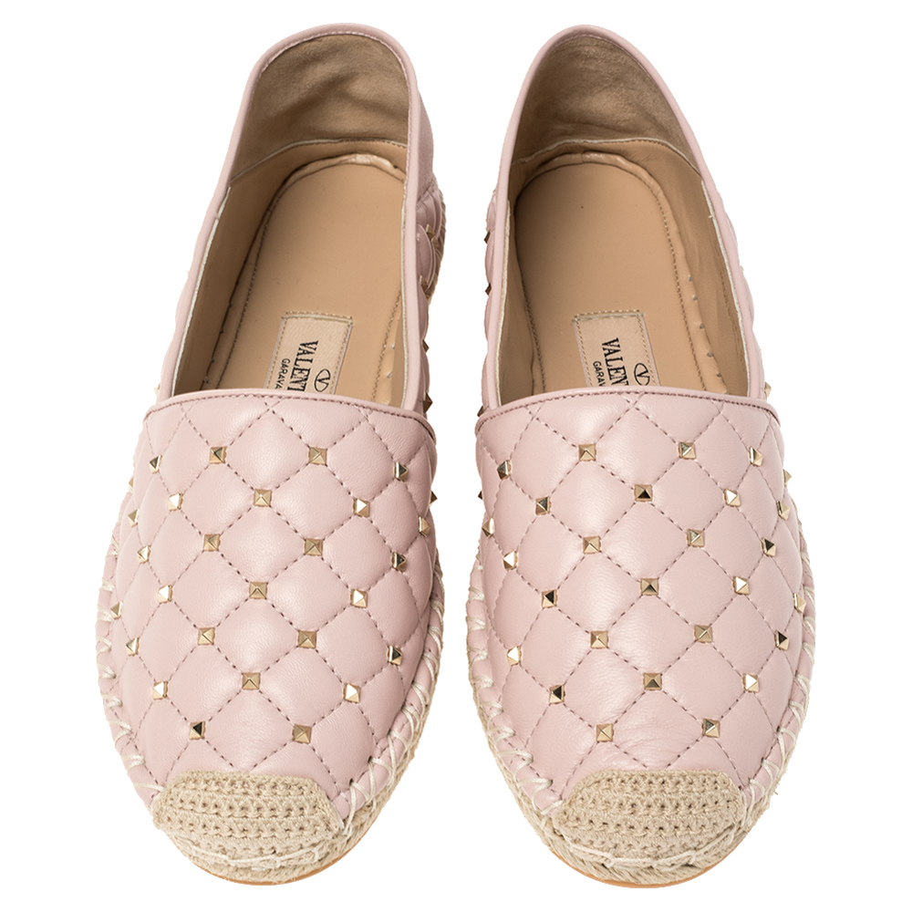 

Valentino Blush Pink Leather Rockstud Embellished Slip On Espadrille Flats Size