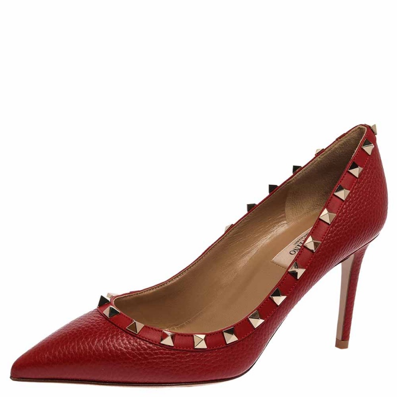 Valentino Red Leather Rockstud Pointed Toe Pumps Size 37.5 