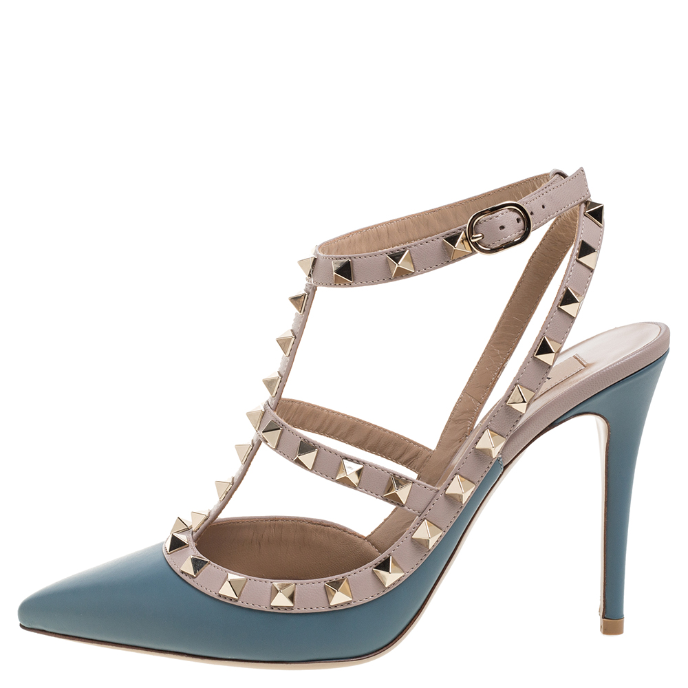 

Valentino Teal Leather Rockstud Accents T Strap Sandals Size, Blue
