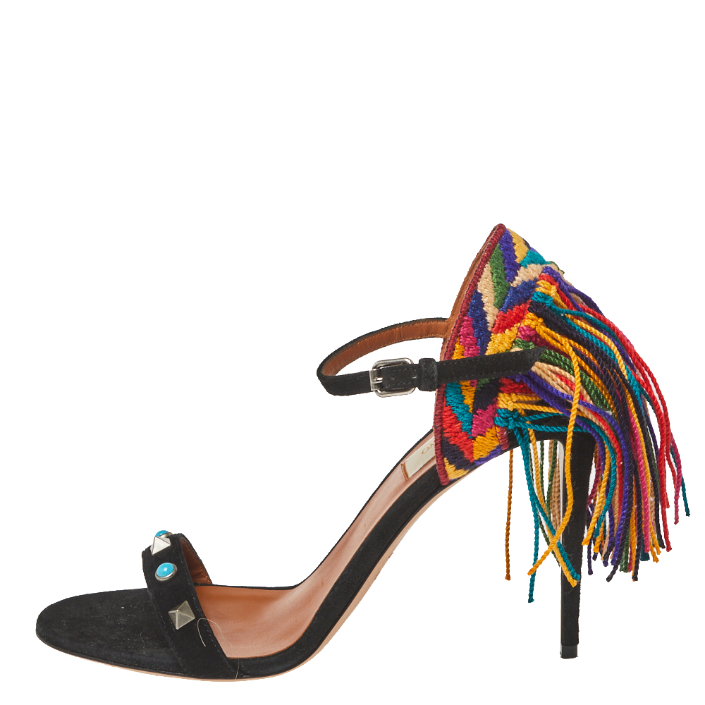 

Valentino Black Suede And Multicolor Cotton Lace Fringe Studded Ankle Strap Sandals Size