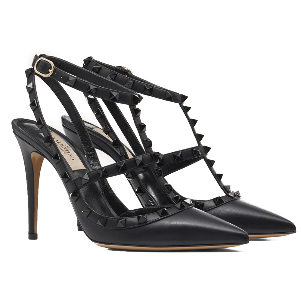 

Valentino Black Leather Rockstud Accents T-Strap Pumps IT