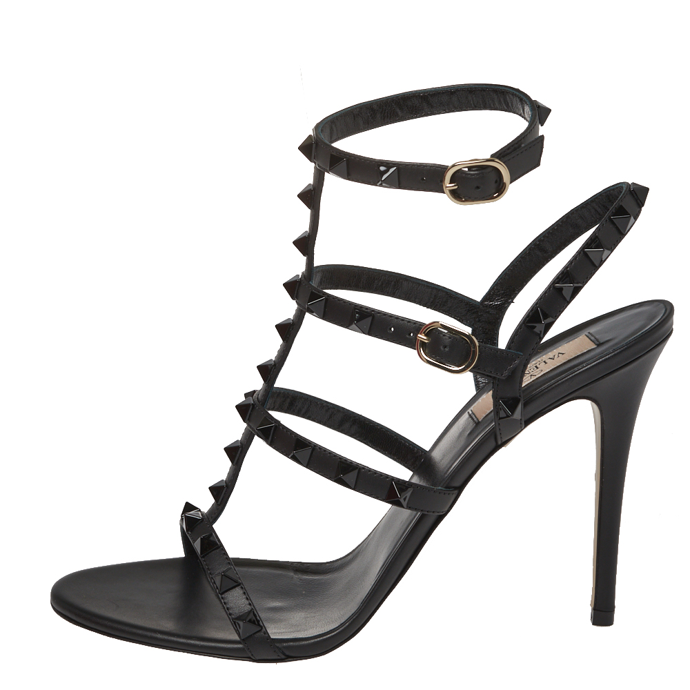 

Valentino Black Leather Rockstud Embellished T Strap Sandals Size