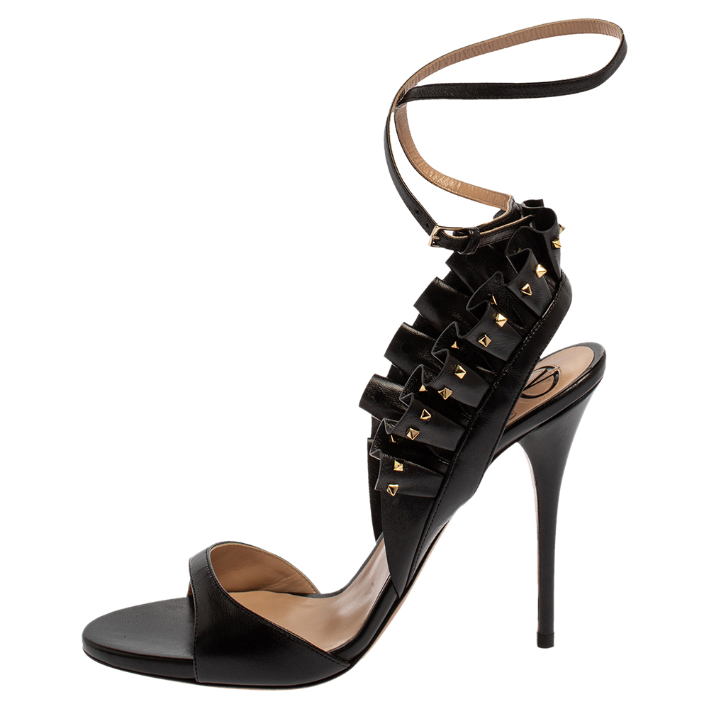 

Valentino Black Nappa Leather Ruffle Microstud Detail Ankle Wrap Sandals Size