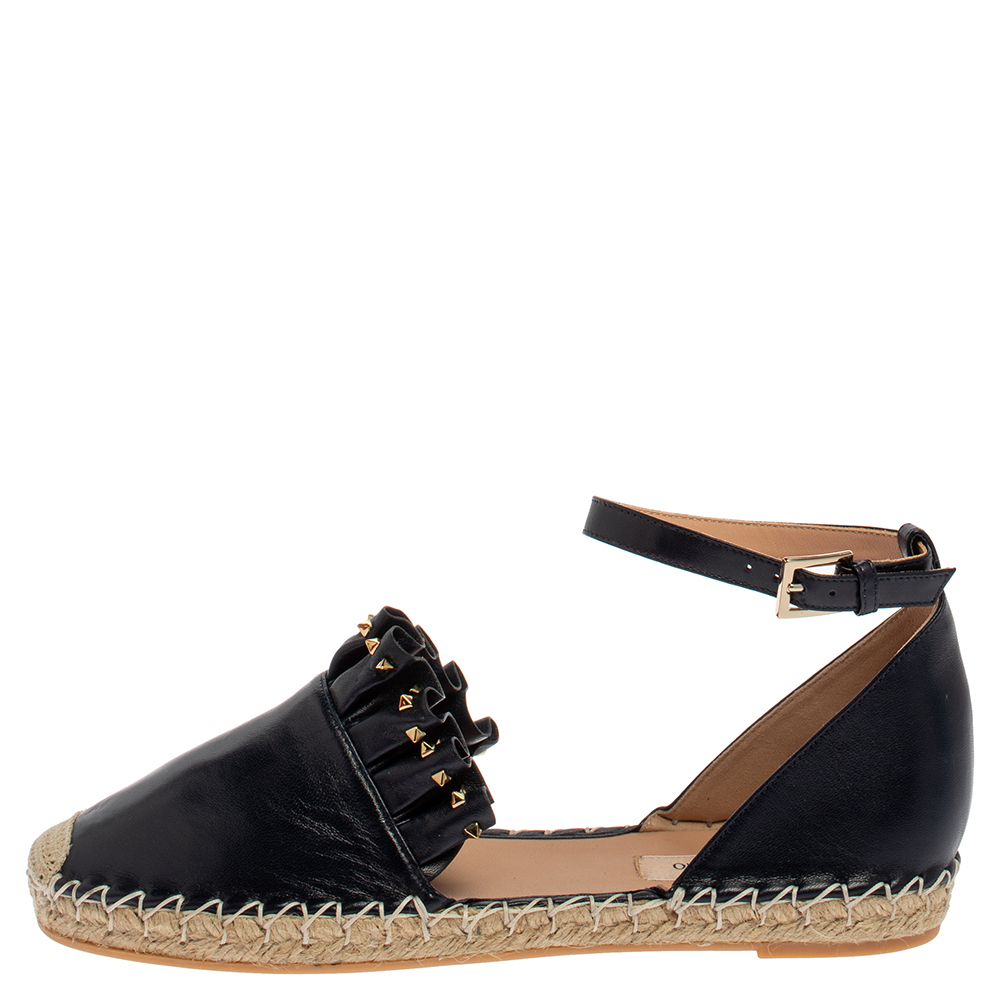 

Valentino Marine Blue Nappa Leather Ruffle Ankle Strap Espadrilles Size