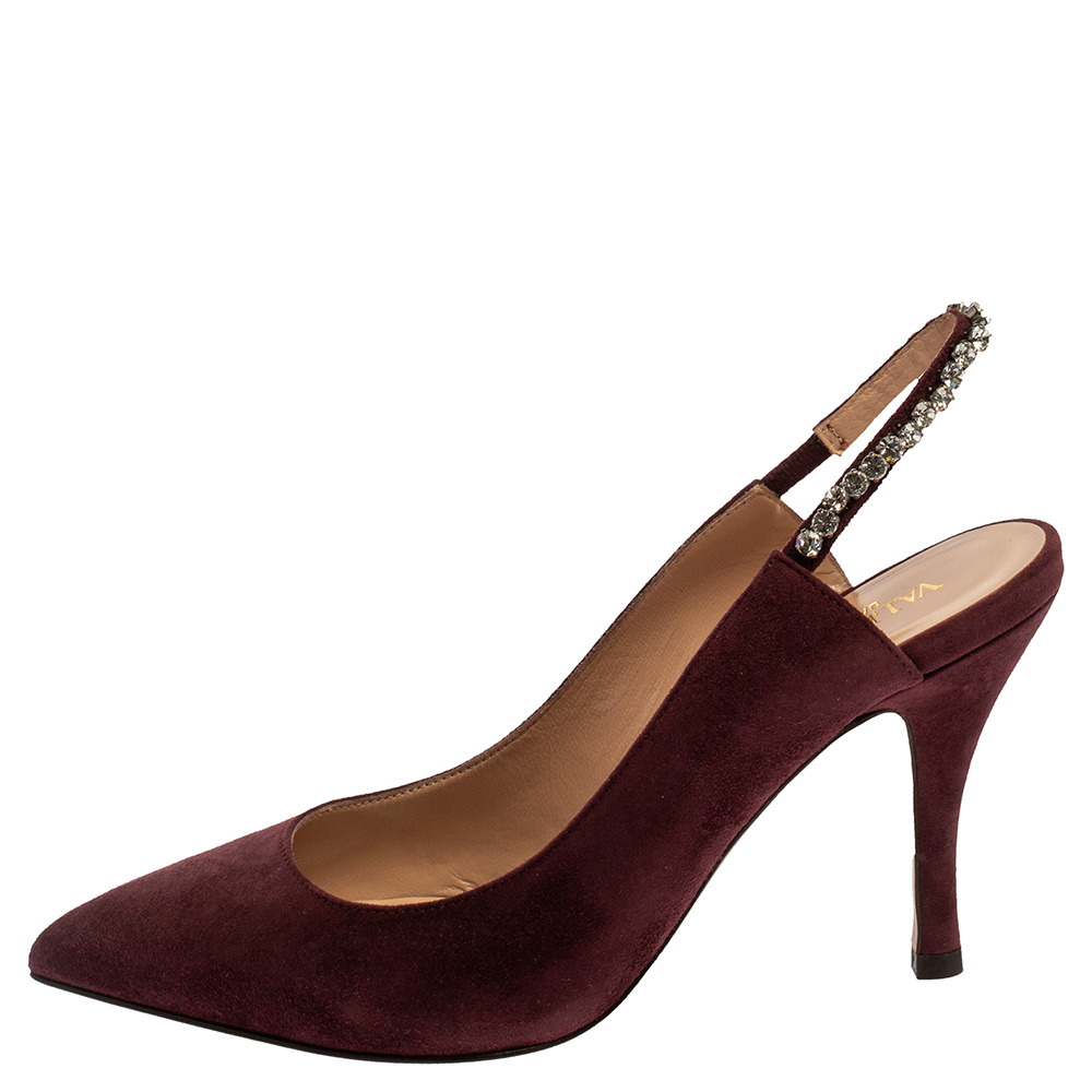 

Valentino Rubin Suede Crystal Detail Slingback Pointed Toe Sandals Size, Burgundy