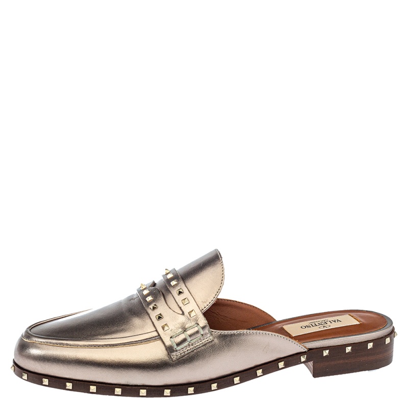 

Valentino Argento Vintage Nappa Leather Soul Rockstud Flat Mules Size, Silver