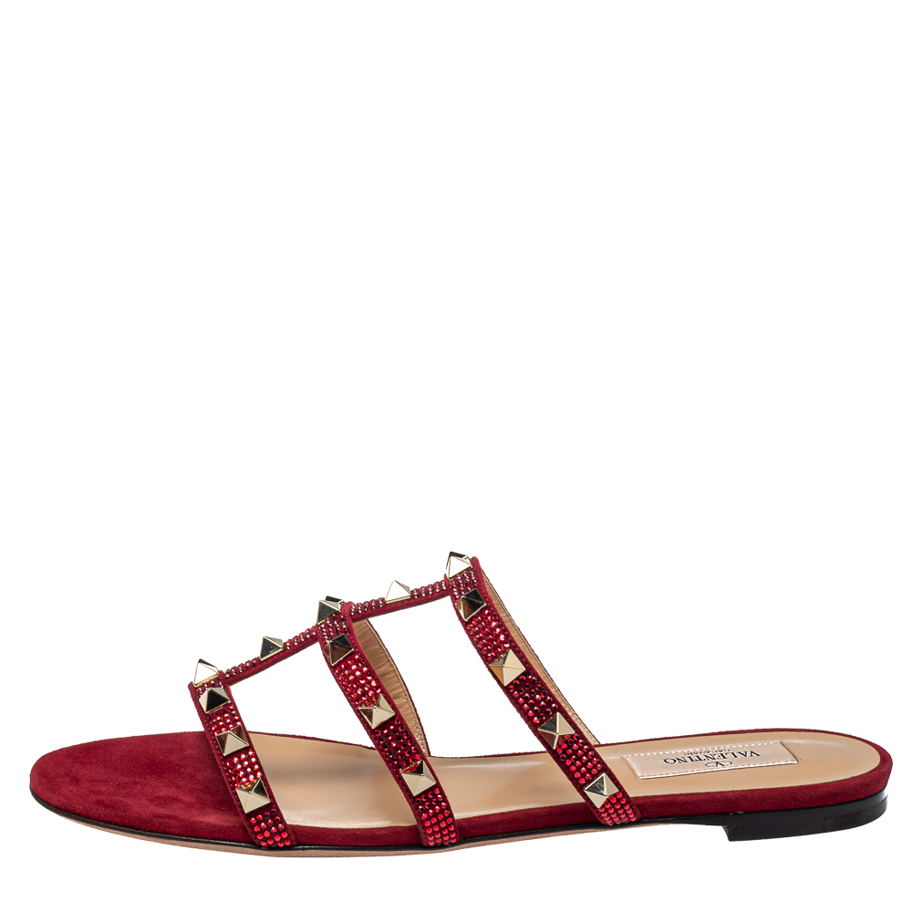 

Valentino Scarlet Red Suede Crystal Embellished Rockstud Flat Slide Sandals Size