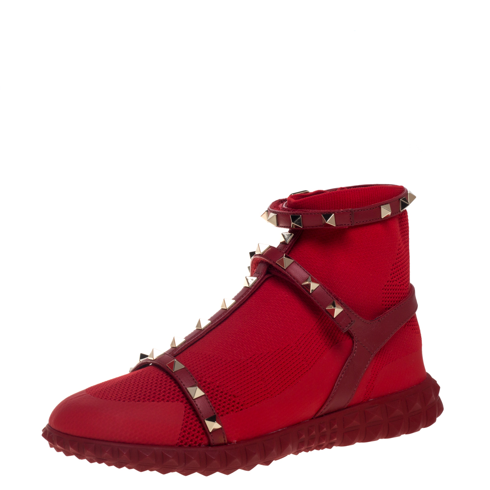 Pre Owned Valentino Red Stretch Knit and Leather Rockstud Bodytech High Top Sneakers Size 38.5
