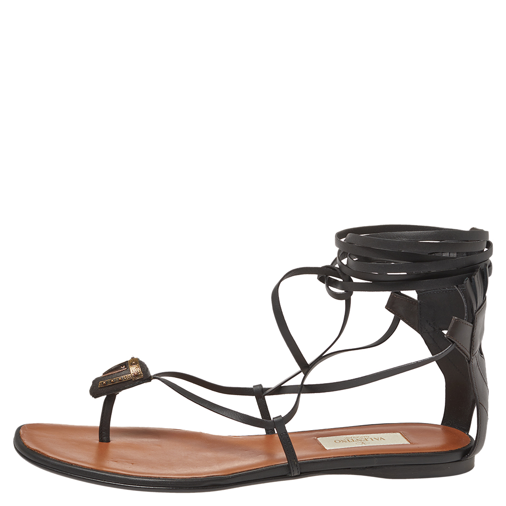 

Valentino Black Leather Tribe Gladiator Ankle Wrap Sandals Size