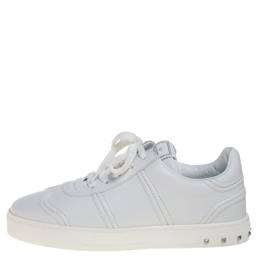 

Valentino White Leather Rockstud Fly Crew Sneakers Size