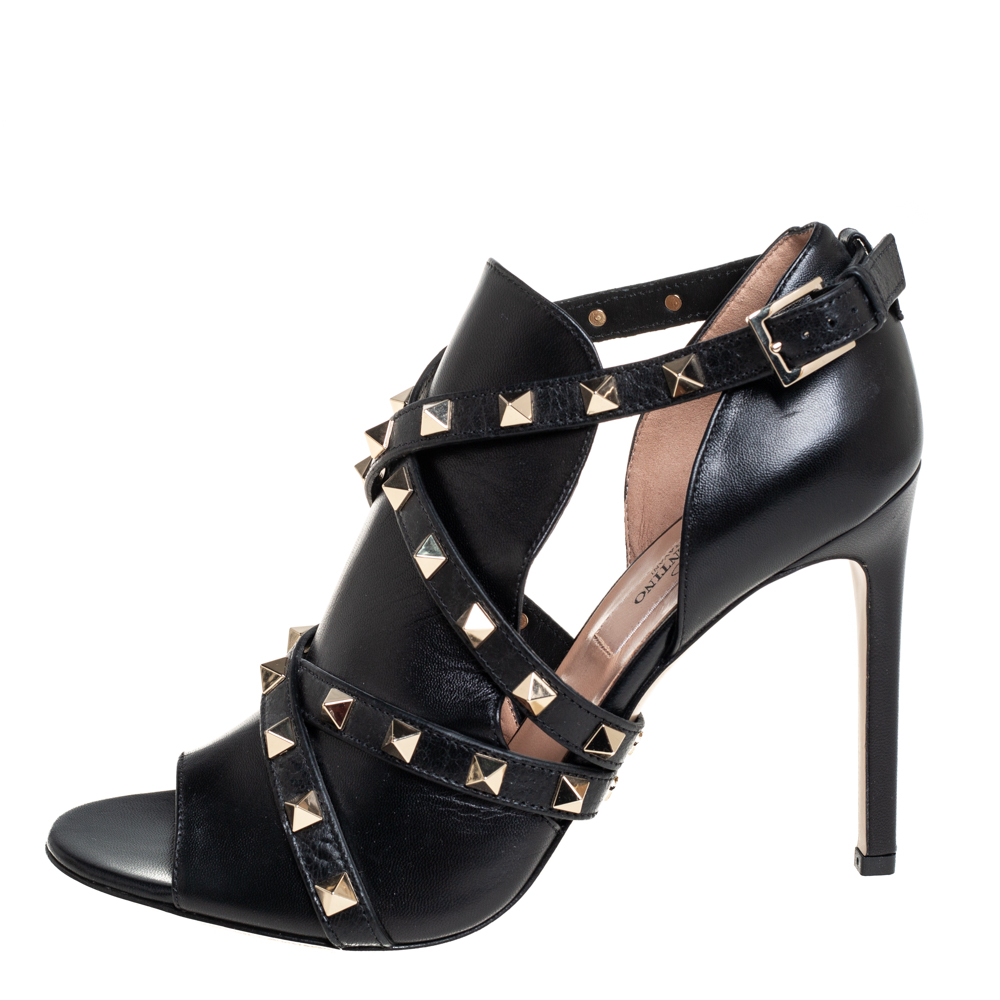 

Valentino Black Leather Rockstud Ankle Wrap Sandals Size