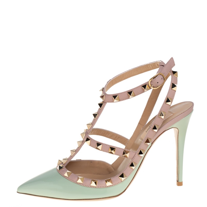 

Valentino Pastel Green/Beige Patent Leather And Leather Rockstud Caged Ankle Strap Sandals Size