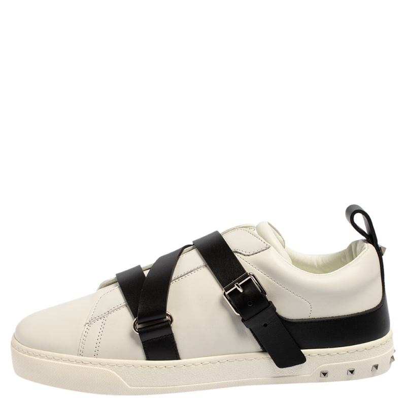

Valentino White/Black Leather Buckle Strap Rockstud Sneakers Size