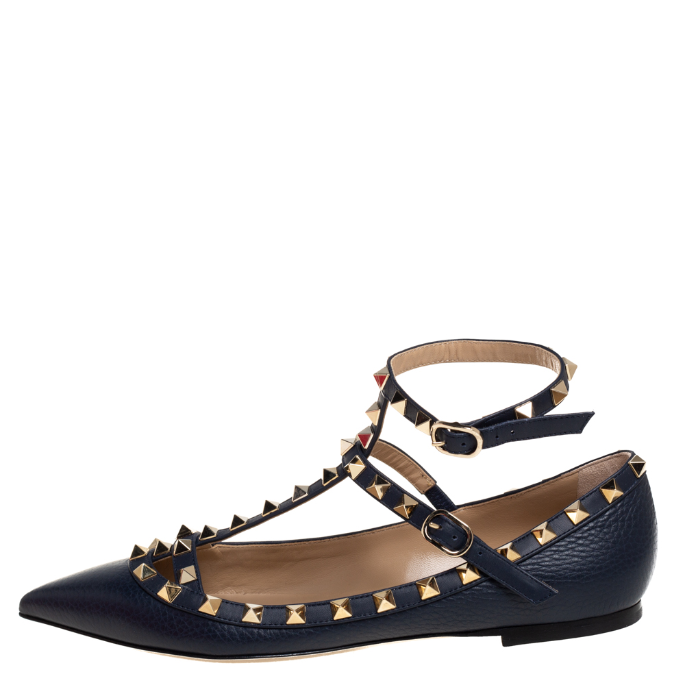 

Valentino Dark Blue Leather Rockstud Caged Ballet Flats Size