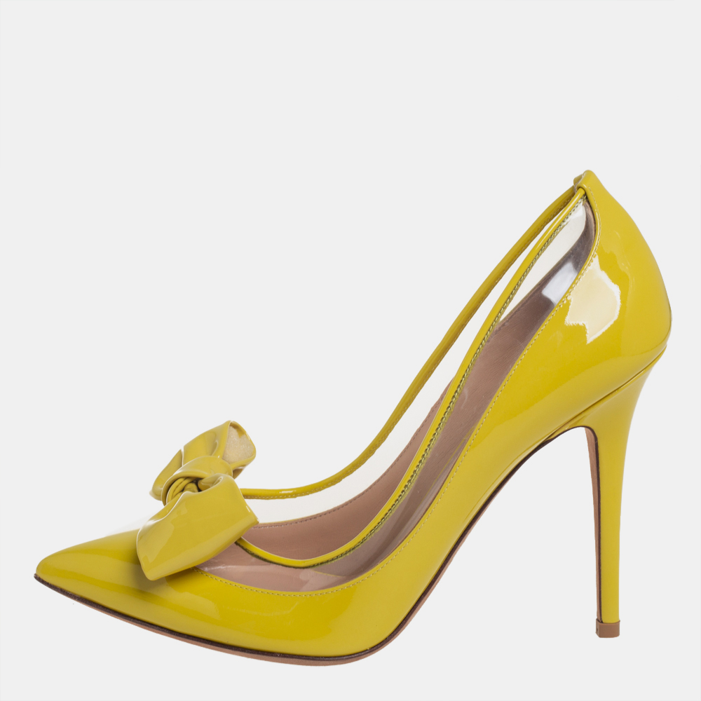 Pre-owned Valentino Garavani Yellow Patent Leather And Pvc Bow Pointed Toe Pumps Size 39