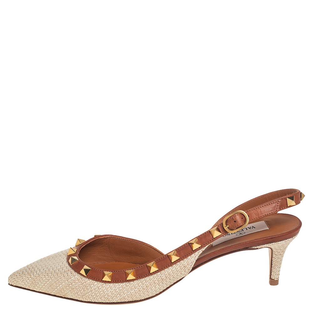 

Valentino Cream/Brown Leather And Fabric Rockstud Slingback Pumps Size