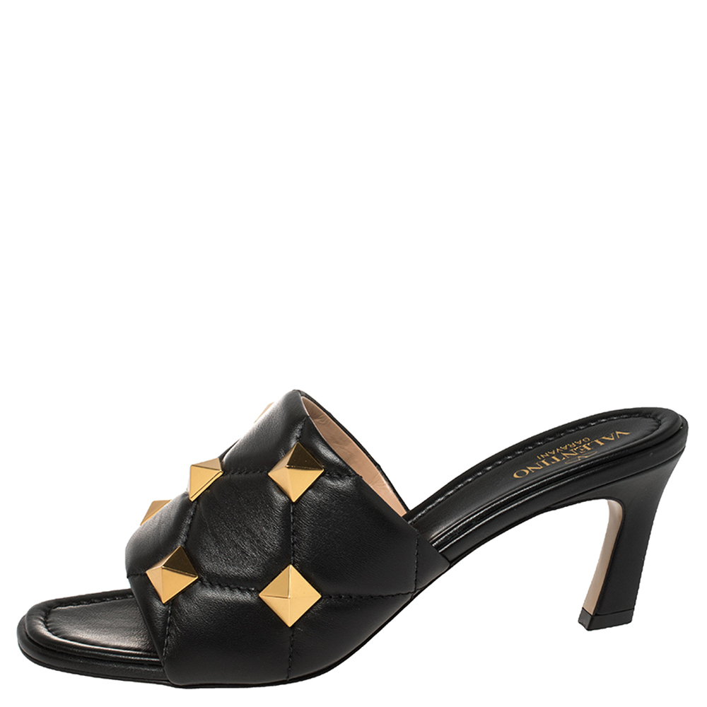 

Valentino Black Quilted Leather Romanstud Mules Size