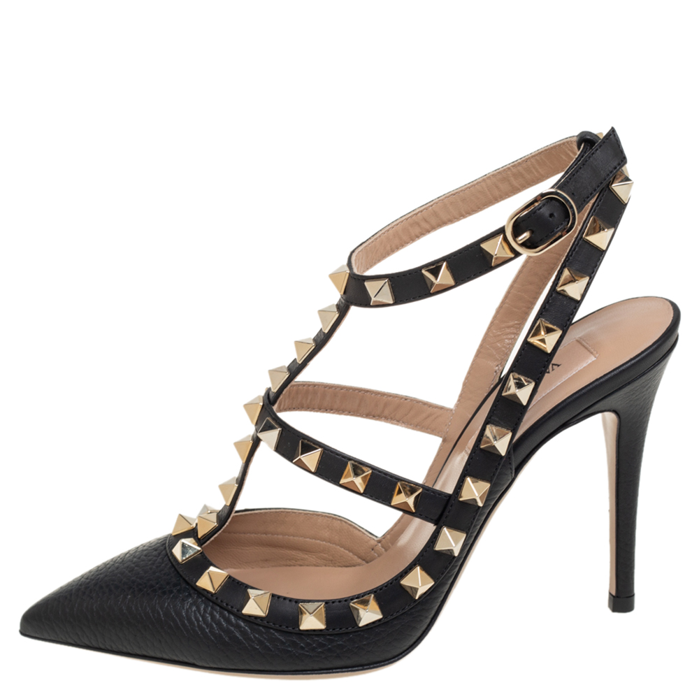 

Valentino Black Leather Rockstud Pointed Toe Ankle Strap Sandals Size