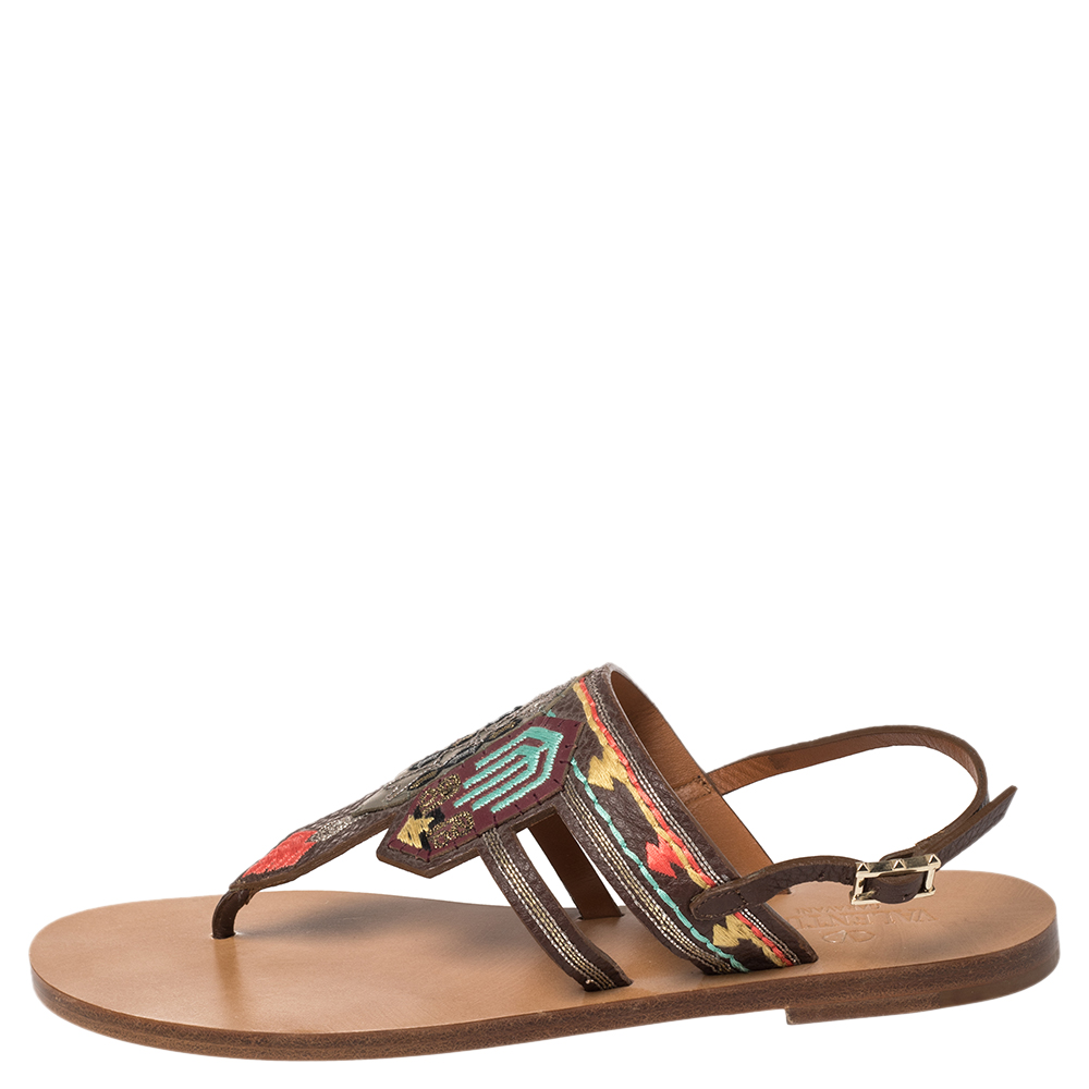 

Valentino Brown Embroidered Leather Killim Flat Slingback Sandals Size