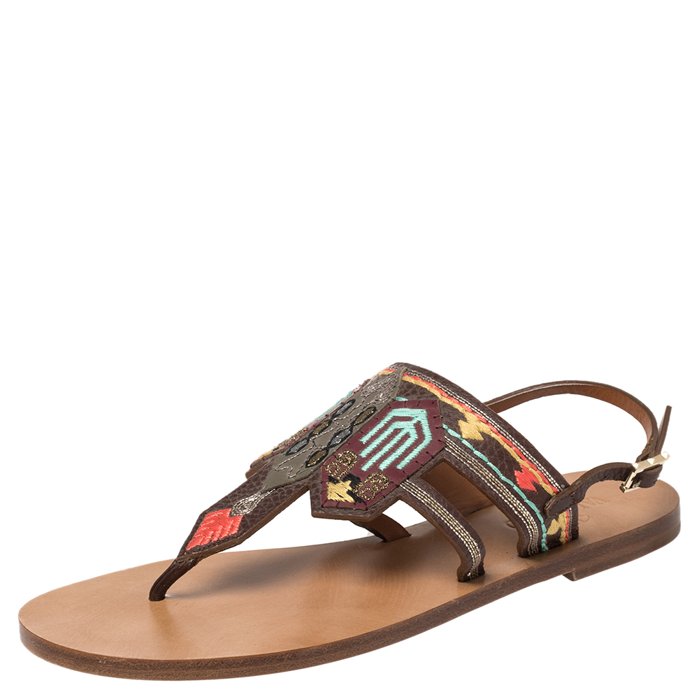 Click to view more detailed imagery on our partner's website Pre-owned Valentino Garavani Brown Embroidered Leather Killim Flat Slingback Sandals Size 38