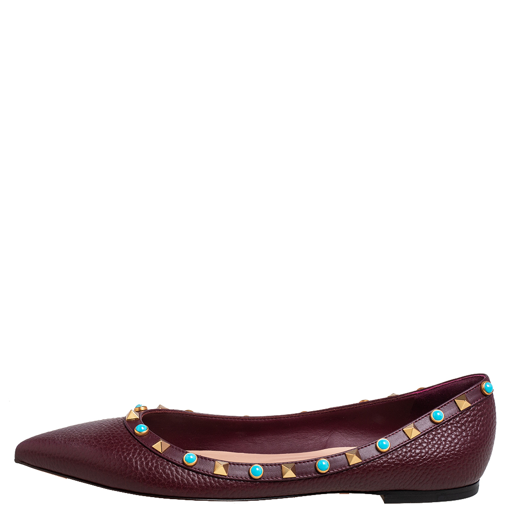 

Valentino Burgundy Leather Rolling Rockstud Pointed Toe Ballet Flats Size