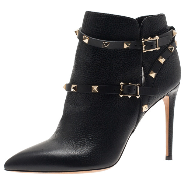 Valentino Black Leather Rockstud Ankle Boots Size 40