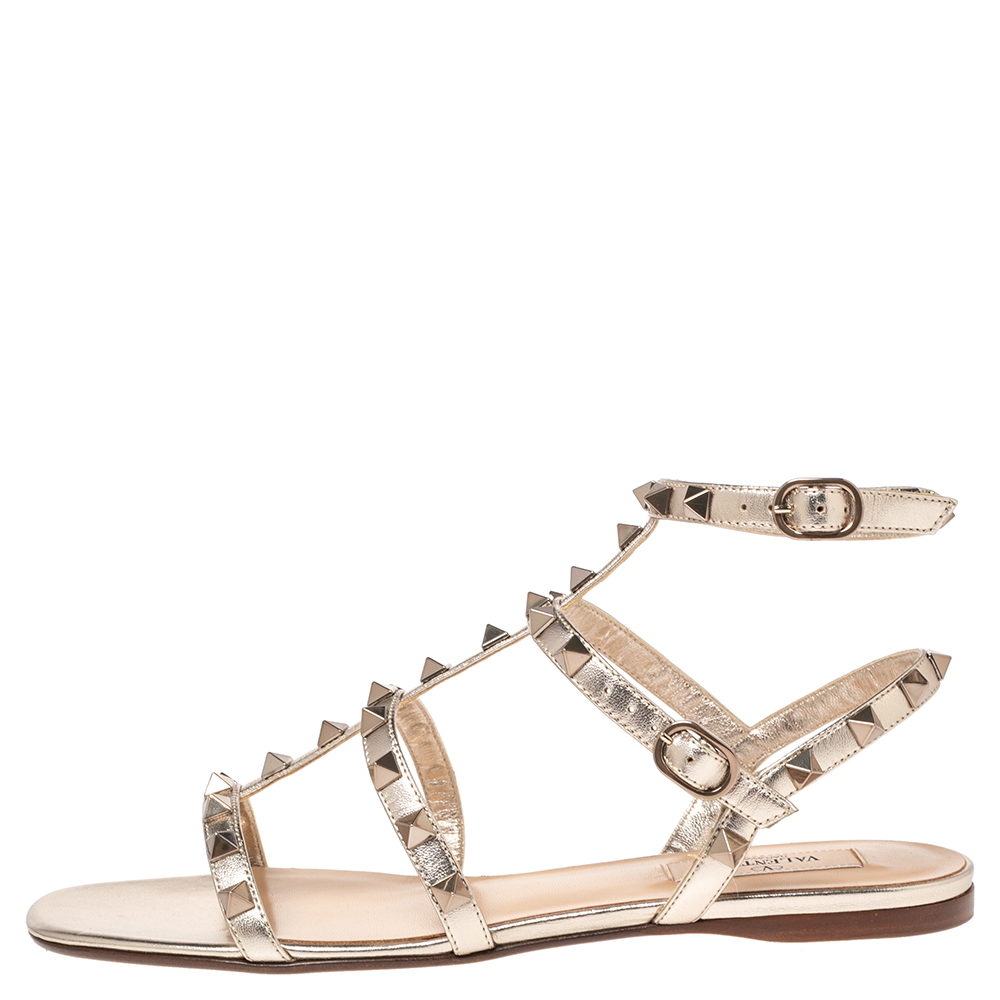 

Valentino Gold Leather Rockstud Ankle Strap Flat Size