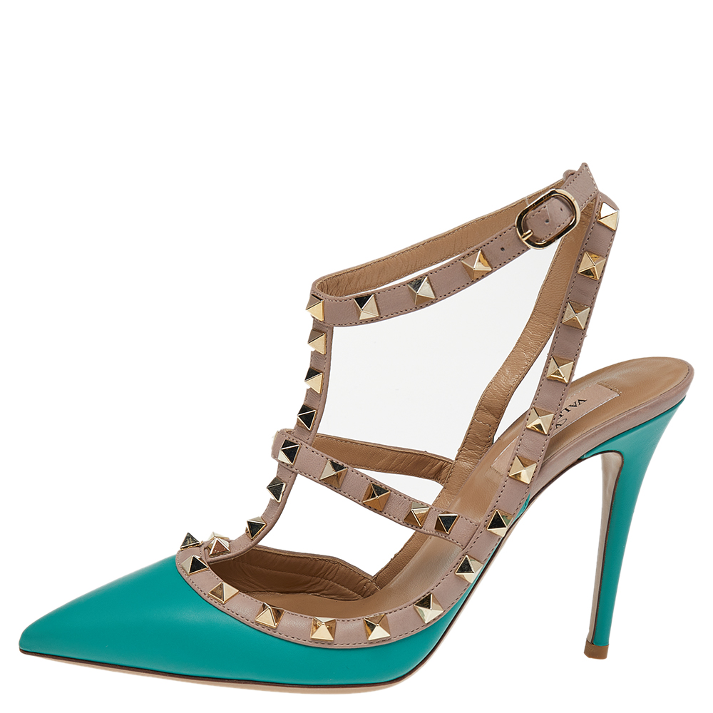 

Valentino Green/Pink Leather Rockstud Ankle Strap Sandals Size