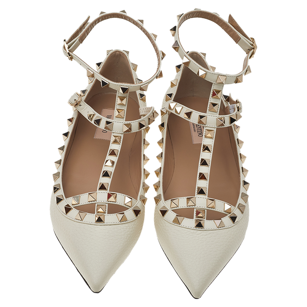 

Valentino Off White Leather Rockstud Ankle Strap Ballet Flats Size