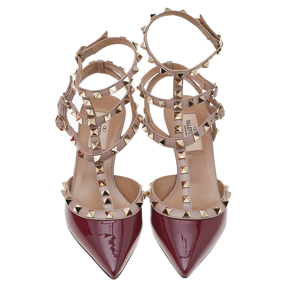 

Valentino Burgundy/Beige Patent Leather Rockstud Ankle Strappy Sandals Size