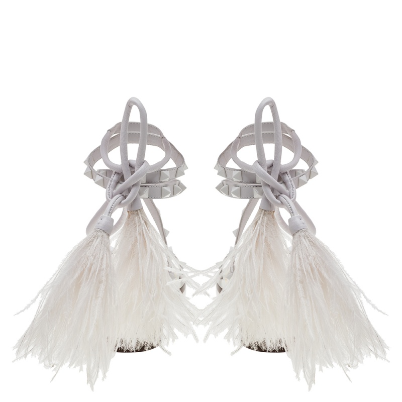 

Valentino White Ostrich Feather And Leather Flair Ankle Tie Up Sandals Size EU