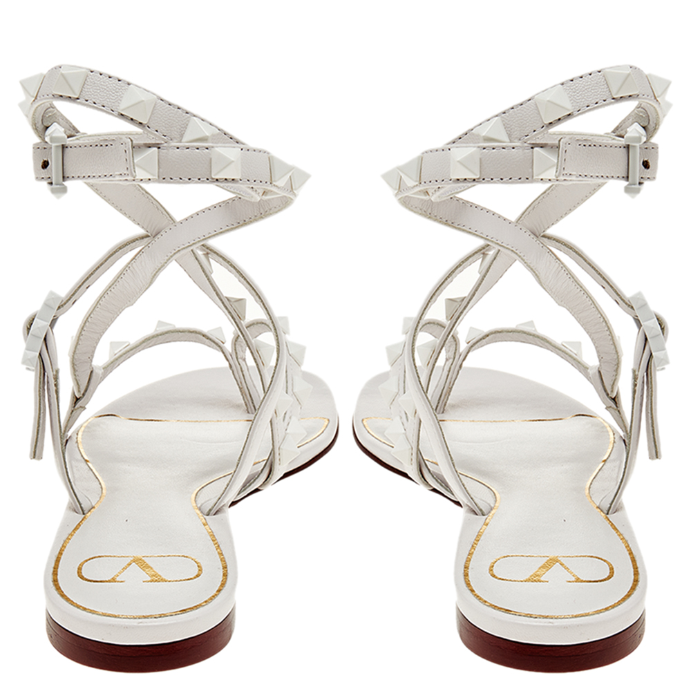 

Valentino White Leather Rockstud Flair Flat Thong Ankle Strap Sandals Size EU