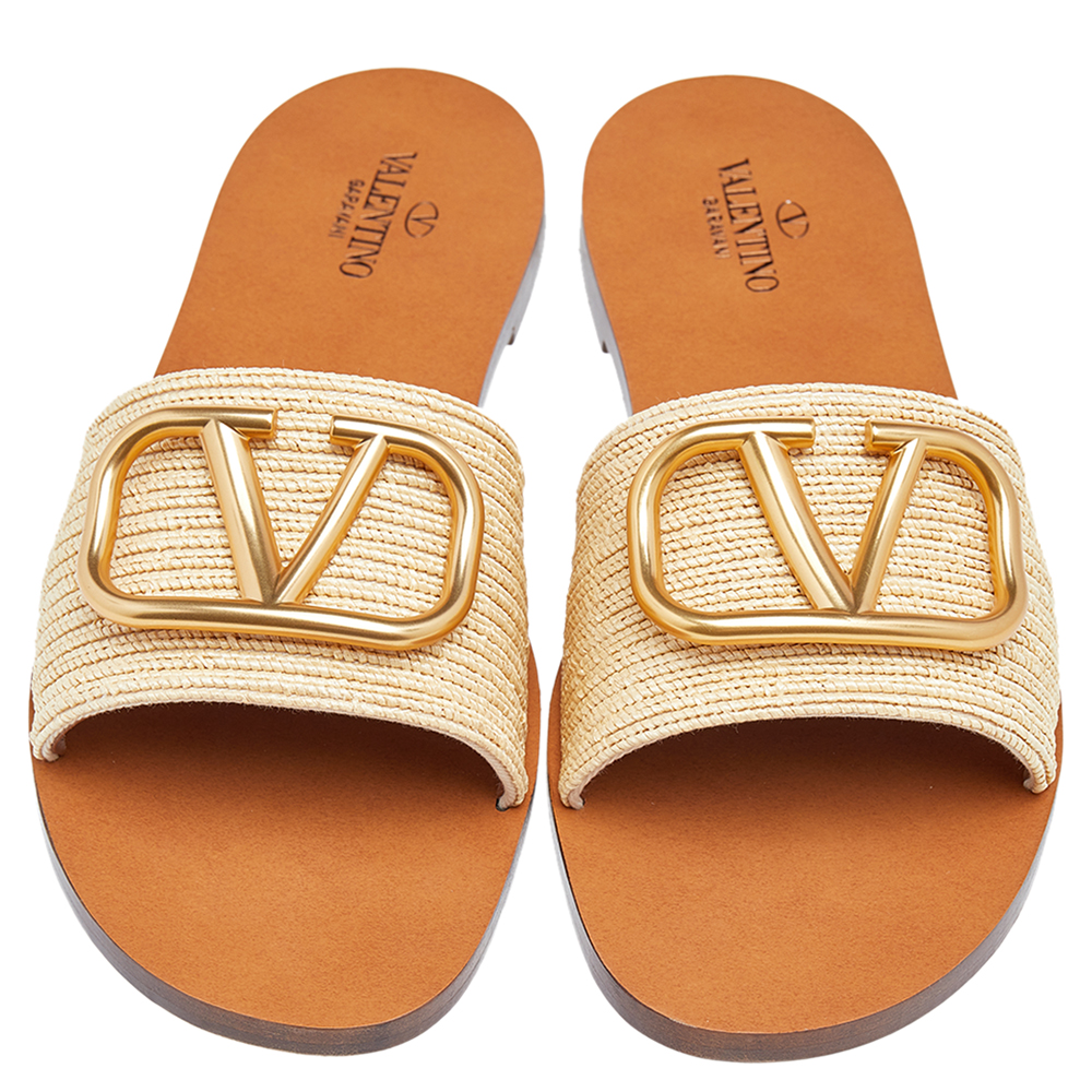 

Valentino Beige Raffia VLogo Flat Slides Size