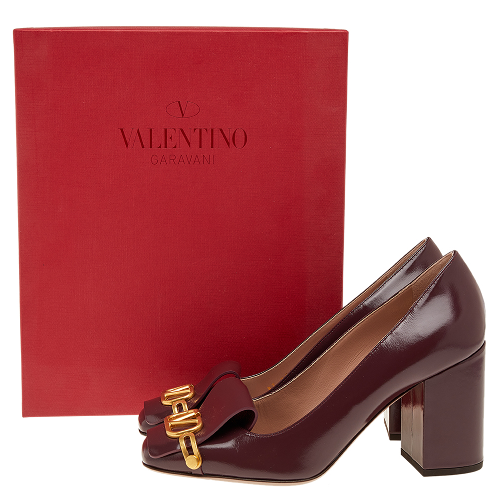 

Valentino Burgundy Leather Vlogo Club Block Heel Pumps Size EU